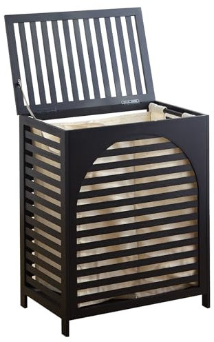 Laundry Hamper with Lid, Bamboo Clothes Laundry Basket with Handles, Removable 2-Section Liner bag, Hampers for Bedroom Aesthetic, Large Storage for Bath Towel, Sheets or Toys, Home (Black)