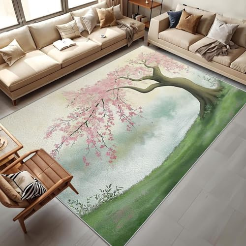 MIATCENRT Tappeto Lavabile in Lavatrice, 140 x 200cm Soggiorno Interno Accento Tappeti, Acquerello Low Pile Antiscivolo Tappeto Fiori Rosa Salice Tiro Tappeti Camera da Letto Sala da Pranzo