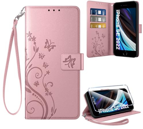 Coiwxmoi Coque pour iPhone SE 2022/SE 2020/iPhone 8/iPhone 7 + 1 Verre Trempé, Retro Design Housse Premium en Cuir PU Pochette de Portefeuille pour Porte Cartes Fonction Stand Flip Etui, Gold