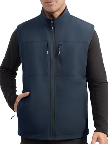 Gratis SOLDIER lätt softshell väst för män, vattentät och vindtät ventilerande väst med flera fickor, sportig för golf, cykling, löpning, vandring och arbete, Blå och svart, XL