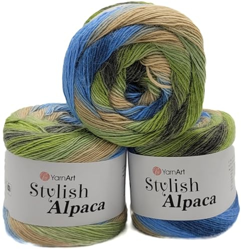 3 x 150g Ilkadim Export Stylish Alpaca Strickwolle, Alpaka und Acryl, 450 Gramm weiches Garn, Strickgarn mehrfarbig, (blau beige grün 7712)