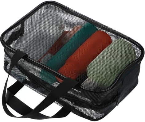 Sac de douche portable en maille noire avec poignée - Sac de plage multifonction - Trousse de toilette - Sac de transport pour salle de sport, voyage, camping, dortoir d'étudiant, salle de bain (30 ×