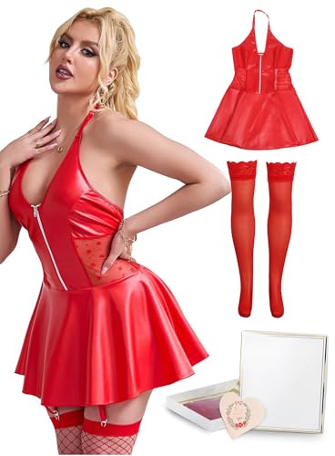 ohyeahlady Women's Lingerie Sets PU Leather Sexy Suspender Babydoll Dress