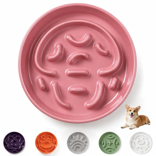 Comedero Perro Antivoracidad Ceramica - Cuenco con Laberinto para Alimentación Lenta - Plato Comida para Perros Medianos y Grandes - 20,3 cm - 180 g - Rosa