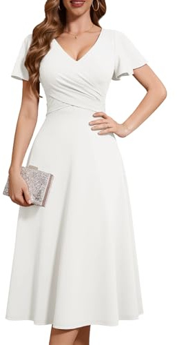 Fynadressr White Wedding Guest Dress Womens Party Prom Bridesmaid Evening Semi Formal Cocktail Dress V Neck Cross Belt Midi Dresses White XL