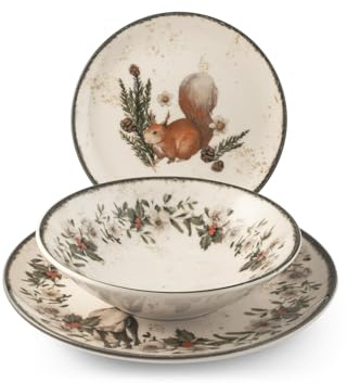H&H Servizio Tavola 18 Pezzi Garland in Stoneware Decorato – Stile Invernale, Montano e Natalizio – Piatto Frutta con Scoiattolo, Ghirlanda su Piatti Piani e Fondi – Lavabile, Microonde