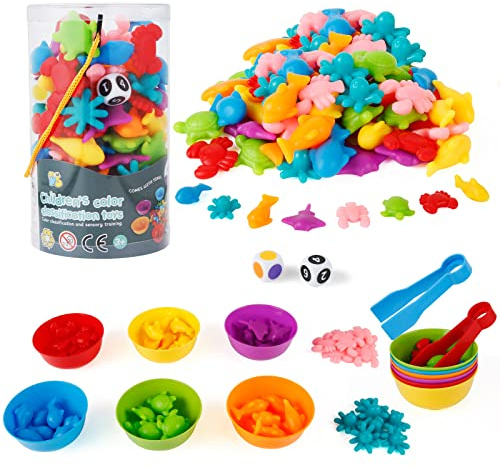Victse 56pcs Jeux Montessori 2 3 4 5 Ans, Jouet pour Comptage et Tri, Jeu de Tri Motricité Fine Jouet Educatif Enfants Classification des Couleurs (Animaux Marins)
