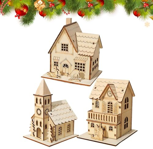 Set Di 3 Casette Luminose Natalizie In Legno, Casette In Legno Con L-uci LED, Statuine Luminose Per Decorazioni Invernali Da Tavolo Per Interni, Decorazioni Artigianali Natalizie Per Librerie
