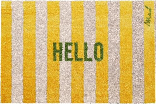 Mad about Mats Fußmatte für Innen, gestreift grün gelb Hello, breite Streifen, geeignet als Türvorleger, Küchenteppich Badvorleger, passender Läufer, Indoor, rutschfest und waschbar 50 x 75 cm