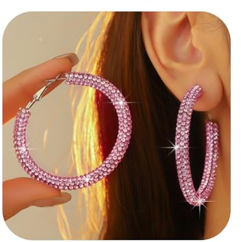 Yamobi Große Creolen mit Strass,Pink Sparkling Hoop Earrings, Große Ohrringe Statement Jewelry, Modeschmuck Creolen für Frauen, Strass-Ohrringe für Feste