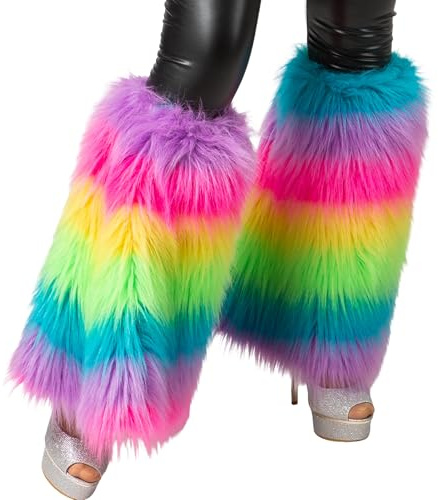Orlob Bunte Plüsch-Stulpen 38 cm mit langem Flor Multicolor für Damen Kostüm-Zubehör 80er 90er Jahre Neon-Party Fasching Karneval