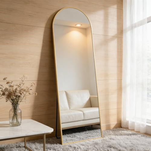 NEWBULIG 64x21 Arched Full Length Mirror, Full Body Floor Mirror with Aluminum Alloy Thin Frame, Wall or Standing Mirror for Bedroom, Living Room, Dressing Room, Gold