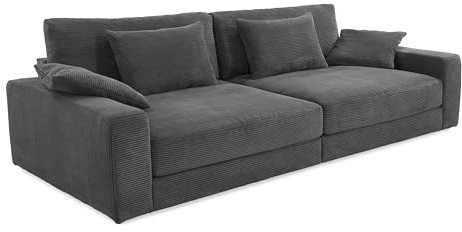 Großes Big-Sofa mit Bonellfederkern-Polsterung B290/T135/H90 cm, Lounge-Couch mit Rückenkissen und Zierkissen, weicher und robuster Trend-Bezug aus Cord in Dunkelgrau / 15249