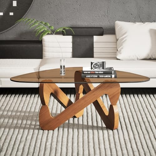 Dreieckiger Glas-Couchtisch, Modern Couchtisch mit dreieckigem Massivholzsockel und verdicktem gehärtetem Glas, Beistelltisch,Ausgefallene Kaffeetisch für Wohnzimmer Büro,82*57*35cm (Braun)