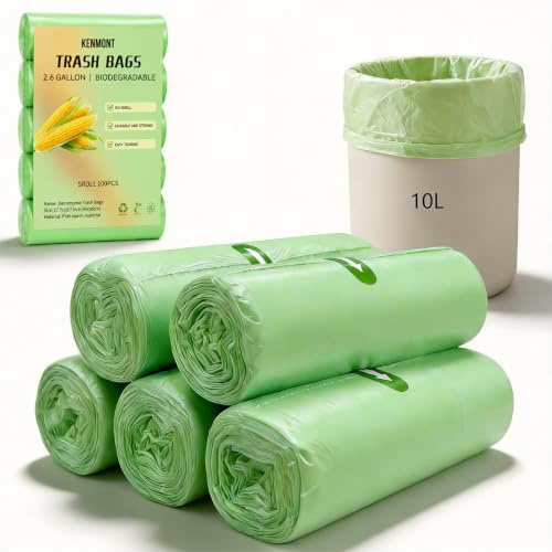 Biodegradable Bin Bag Liners, 100 Counts, 10L Small Food Waste Bags, Compostable Caddy Bags, Recycled Degradable Clear Green Trash Garbage Rubbish Bags for Kitchen, Office & Bathroom, 45 x 50 cm