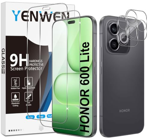 Yenwen 2 Piezas Protector de Pantalla para Honor 600 Lite 5G con 2 Piezas Protector de Lente de Cámara, Ultra HD Cristal Templado, Dureza 9H Glass, Anti Arañazos, Sin Burbujas