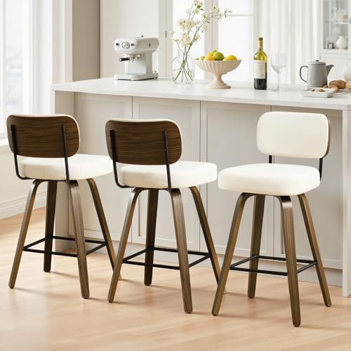 WOOW DEPOT Lot de 3 Chaises de Bar Pivotantes 360° Blanc Rembourré | Design Contemporain, Dossier Rembourré Incurvé, Structure Noyer et Coussin épais 7 cm En PU Pour îlot Central et Cuisine