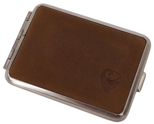 GERMANUS Pillendose Etui, Made in Germany, Kleines Rind Pillenbox für Tabletten, Stahl mit braunem Leder, für Tabak Schnupftabak