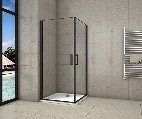 AICA cabine de douche 90x90cm porte de douche pivotante noir en 8mm verre anticalcaire hauteur:200cm