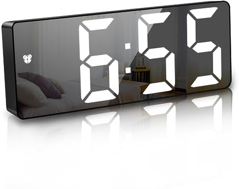 JQGO - Sveglia digitale a LED, specchio e orologio da tavolo, con cavo USB, sottile, 12/24 ore, Snooze, controllo vocale, visualizzazione della temperatura, luminosità regolabile