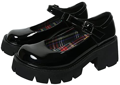Shouda Plataforma Gruesa de Mujer Zapatos Mary Jane Correa de Hebilla Retro Pisos de Punta Redonda Zapatos de Boca Baja Japonesa Dulce Princesa Lolita Dulce