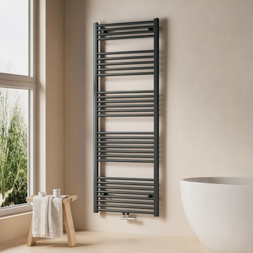 EMKE Badheizkörper 1600x600 mm - Gerade Handtuchheizkörper mit Mittelanschluss, Effizienter Handtuchwärmer Handtuchtrockner Heizkörper für Bad, Anthrazit, 762W