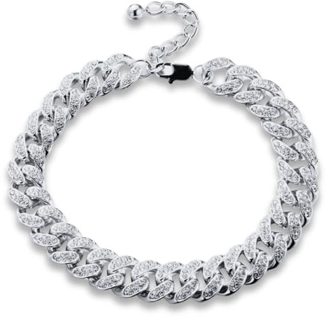 HALUKAKAH Cavigliera a Maglie Cubane con Diamanti Placcato in Platino per Uomini - Oltre 300 Diamanti da Laboratorio - 13mm Lunghezza 24,5cm con Catena Prolunga Regolabile - Con Scatola Regalo