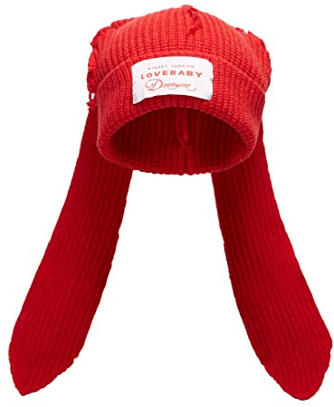 Stickad mössa, hattar, söt kanin, långa öron, rolig hatt, fluffig vintermössa, varm stickad kanin, virkad skalle, keps, utomhus, slapp hatt, Röd, one size
