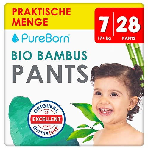 PureBorn Pants Baby Blöjbyxor Storlek 7 (17+ kg), 28 Blöjor, Överlägset skydd dag och natt, Dermatologiskt testade, Ultramjuk, Hudvänlig