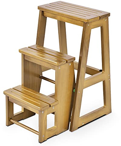 GYMAX Sgabello a Scala Pieghevole a 3 Gradini, in Legno di Pino, Multiuso e Pratico, Portata di 150 kg, 58 x 38,5 x 65 cm (MARRONE)