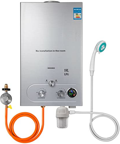 LMYYDES 18L LPG Tankless Water Heater, 36KW, Portable, Modern Style, Wall-Mount, Propane Gas, 140°F Max Temp, Shower Head Kit, RV, Camping, Outdoor Cleaning