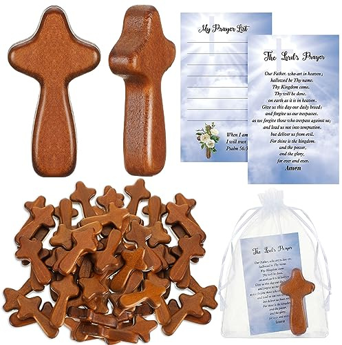 Kigley 60 Set Mini Wood Holding Crosses Gifts Bulk Small Pocket Hand Crosses Prayer Cards Employee Appreciation Gifts for Sunday Easter Christian Church Jesus School