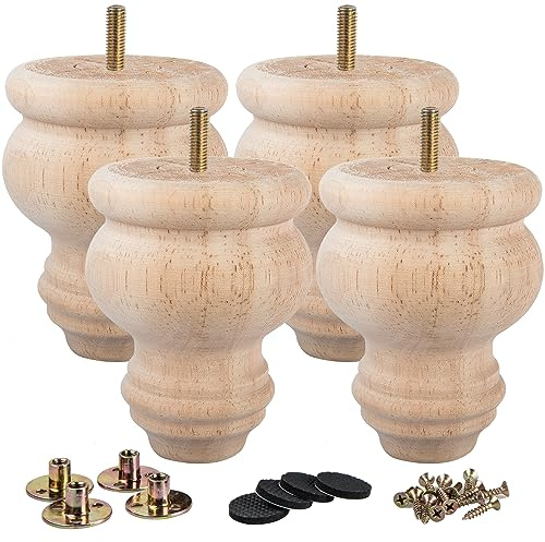 La Vane 8cm Unlackiert Massivholz Möbelfüße DIY mit M8 Bolzen 4 Stück | Unbehandelt-Einfach Beizbar & Lackierbar, Klassisch Spindelform, mit M8 Montageplatte, für Sofa Schrank Couch Tisch Bett