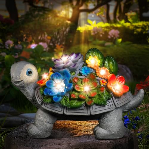 Decoracion Jardin Exterior de Tortuga, Linkax Regalo Dia de la Madre Originales, Adornos Jardin Exterior con suculentas y Luces solares LED, Regalo Original Navidad para Mujeres Hombre Madre