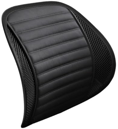 TROGN Siège de voiture en cuir synthétique - Massage du dos - Support lombaire en maille ventilée - Coussin en maille noire - Sac respirant - Mini housse de dos à presser - Longue bouteille - Housse