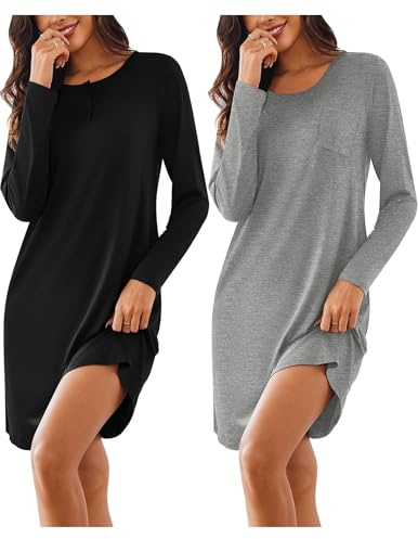 Ekouaer 2 Pack Women's Long Sleeve Nightgowns Sleep Shirts Button Down Night Shirts House Dresses Ladies Night Dress Black,grey