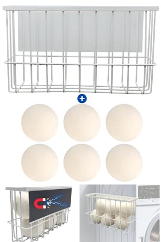 Magnetic Dryer Ball Holder Plus 6 XL Wool Dryer Balls from New Zealand Wool- Laundry Dryer Balls Storage Containers: Easy Install Without Tools, Magnetic Basket for Dryer Balls