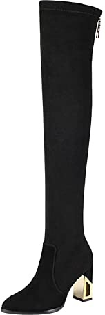 Botas de goma para mujer, botas elegantes de color sólido, tacón alto, elásticas, botas por encima de la rodilla, botas de mujer con tacón, invierno vintage, Negro , 37 EU
