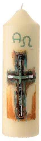 Osterkerze mit silbernem Kreuz und Alpha-Omega-Symbolen, 16,5x5 cm