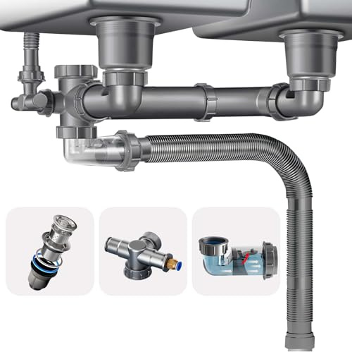 QruiLanTu Double Waste Drain Kit Space Saving Kitchen Sink Waste Kit Expandable Flexible P-Trap Pipe Sink Drain Assembly Kit with 4-Way Fitting Adapter for Dishwasher