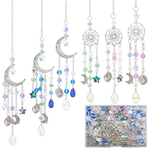 SUNNYCLUE 1 Box DIY 6 Sets Suncatcher Making Kit Car Charm Ornament Moon Sun Catchers Glass Hanging Charms Hanging Cars Charm Star Teardrop Beads Ornament for Women Window Home Decorations