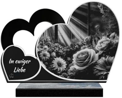 ETERNEL - Personalisierte Grabplatte Doppelherz - Fleurs Foto und personalisierbarer Text, lasergravierte Grabplatte für Hommage, Grabplatte, Grabstein, Grabstätte, Beerdigungen