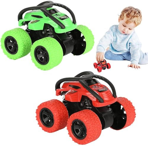 Monstertruck, 2er-Set Monster Truck Auto Spielzeug in Rot und Grün, Aufziehauto mit Einfacher Bedienung, Robustes Spielzeug Auto für Kinder Ab 3 Jahren, Ideal für Drinnen und Draußen