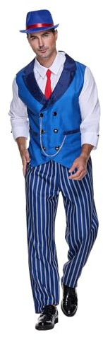 EraSpooky Herren Gangster Kostüm Vintage Blau Gestreiftes Gangster Kostüm
