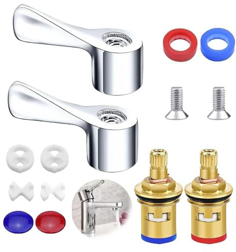 Amazleer Universal Tap Cartridge Replacement Kit, 2-Pack 1/2 Quarter Turn Valves with Red Blue Handles for Kitchen, Bathroom Sink Faucets Brass Cartridge (Modern)