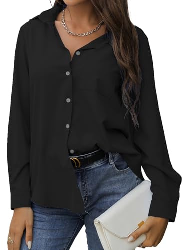 EDOTON Camicetta Donna Elegante Bluse Casual a Maniche Lunghe Bottoni Camicetta con Scollo a V vestibilità Tinta Unita Blusa con Tasca (Nero,XL)