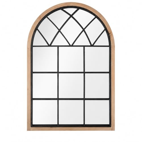 LIN HOME RS18048-1 Espejo Ventana Vintage de Gran Tamaño - Diseño Arqueado de Estilo Europeo con Marco de Madera Natural, Ideal para Decoración de Interiores