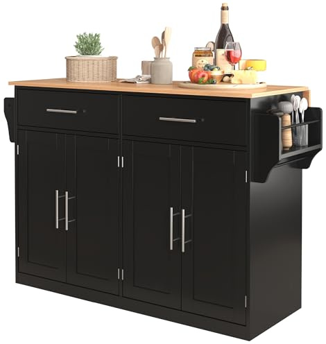 Générique Desserte de Cuisine, Chariot de Service Roulant, Armoire de Rangement sur roulettes, avec Plan de Travail Extensible et Pieds en Bois interchangeables, 2 tiroirs Placard 4 Portes, Noir