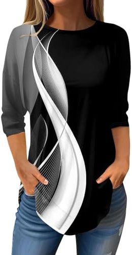 Maglia Donna Manica Lunga Casual Girocollo T Shirt Elegante Maglietta Stampata Magliette Moda Camicia Taglie Forti Curvy Tunica Tops Offerte Blusa Primavera Maglia