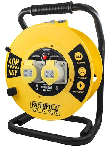 Faithfull 40M Open Cable Reel, 2 Socket Extension Lead with Protection Flaps & Winding Handle - 110V, 16A